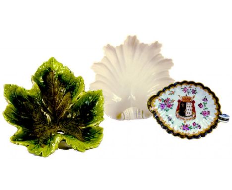 A BRETBY MAJOLICA LEAF SHAPED DISH, A ROYAL WORCESTER GLAZED PORCELAIN SHELL SHAPED DISH AND A SAMSON PSEUDO ARMORIAL SHELL S