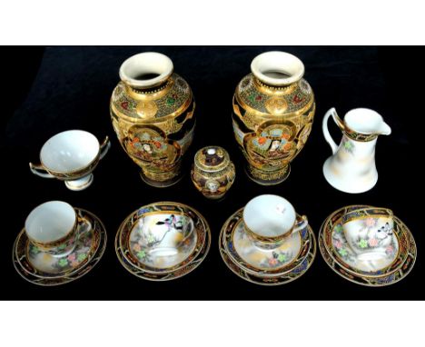 A JAPANESE PORCELAIN TEA SERVICE AND A PAIR OF SATSUMA VASES 