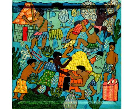 MILCAH MASHONGANYIKA (ZIMBABWEAN), BORN 1966 - BARTER TRADE, SIGNED, OIL ON PANEL IN ENGAGED FRAME, WITH WEYA LABEL VERSO DAT
