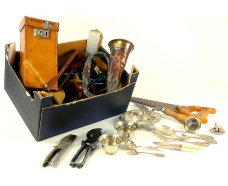 A 19TH CENTURY COPPER AND BRASS BUGLE, VERY BATTERED, A PART SET OF MAPS OF ENGLAND AND WALES IN LEATHER CASE, TOOLS, ETC