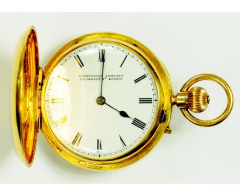 AN 18CT GOLD KEYLESS LEVER HUNTING CASED WATCH BY THE GOLDSMITHS COMPANY, 112 REGENT ST, LONDON, WITH THREE QUARTER PLATE MOV