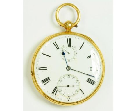 AN 18CT GOLD LEVER WATCH, THE ENAMEL DIAL WITH SUBSIDIARY SECONDS AND UP - DOWN DIALS, SIGNED ON THE THREE QUARTER PLATE MOVE