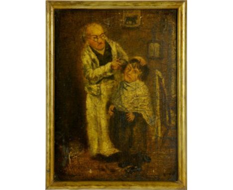 A VICTORIAN VARNISHED OLEOGRAPH OF A BOY AT THE BARBERS, ON PANEL