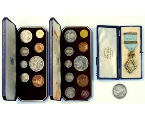 COINS.  UNITED KINGDOM 1953 PROOF SET, ANOTHER (INCOMPLETE), CROWN 1898 AND MASONIC SILVER GILT AND ENAMEL VICTORIA DIAMOND J