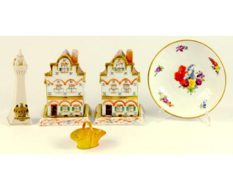 A PAIR OF FRENCH PORCELAIN PASTILLE BURNERS AND BASES IN THE FORM OF A HOUSE, SPURIOUS DERBY MARK, LATE 19TH CENTURY, A COPEN