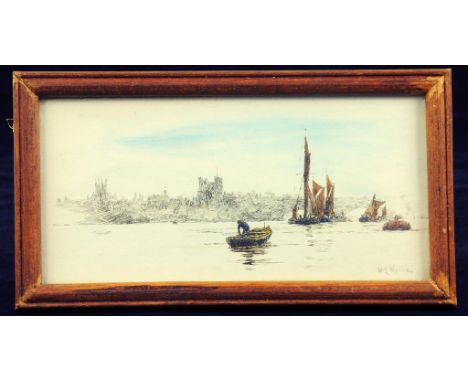 WILLIAM LIONEL WYLLIE - COASTAL SCENE, ETCHING, HAND COLOURED, SIGNED BY THE ARTIST IN PENCIL