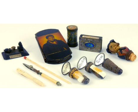 A VICTORIAN PAPIER MACHE AND LEATHER SPECTACLES GLASS, WITH TRANSFER PRINT OF A MAN, AN ARTS AND CRAFTS SILVERED BRASS AND EN