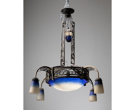 Schneider Henri Fournet Art Déco Pendant&nbsp;lampCharles Schneider, Epinay-sur-Seine, Henri Fournet, Le Fer ForgéDeckenleuch