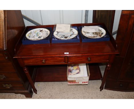A Victorian mahogany tray top side table fitted two short drawers, raised on ring turned tapering supports united by an under