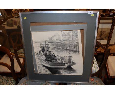 A framed pencil sketch depicting moored boats 