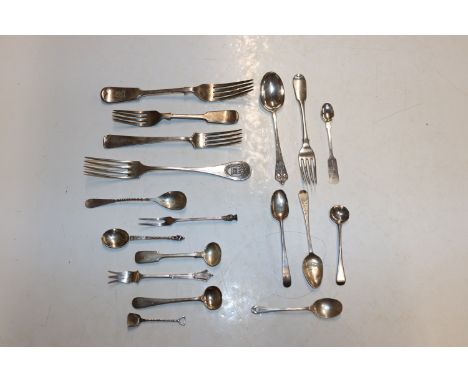 A silver fork and a collection of various silver spoons, approx. total weight  3oz (122gms); a white metal fork marked 800, a