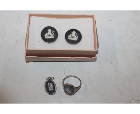 A vintage Sterling silver Wedgwood ring, rings size Q; a pendant and cuff-links 