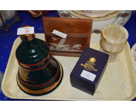 BELLS WHISKY BELL AND A ROYAL WORCESTER EGG CODDLER ON TRAY AND OTHER ITEMS