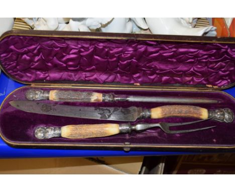 CASED SET OF CARVING KNIFE, FORK AND SHARPENER WITH BONE HANDLES