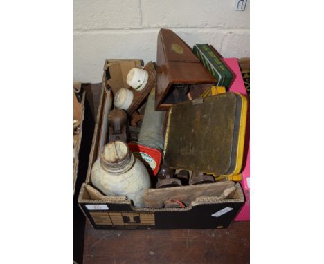 BOX CONTAINING VARIOUS TINS FOR SELF-TAPPING SCREWS, OLD STYLE EXTINGUISHER AND LIGHT FITTING