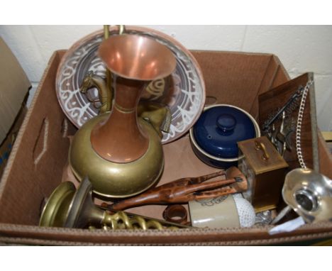 POTTERY AND METAL WARES INCLUDING BRASS CANDLESTICKS AND ELKINGTON PLATE CANDLESTICK ETC