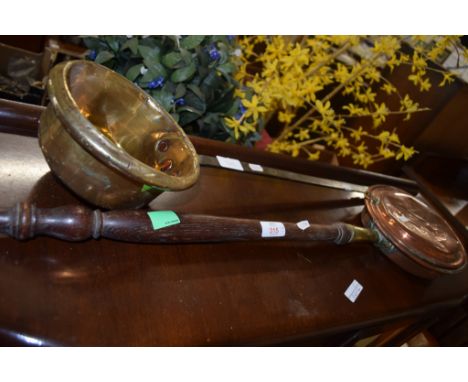 COPPER WARMING PAN AND BRASS LADLE WITH CAST METAL HANDLE, 86CM AND 96CM RESPECTIVELY