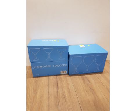 2 BOXED SETS OF 6 RINKDRINK CHAMPAGNE SAUCERS TOGETHER WITH 6 GIN GLASSES