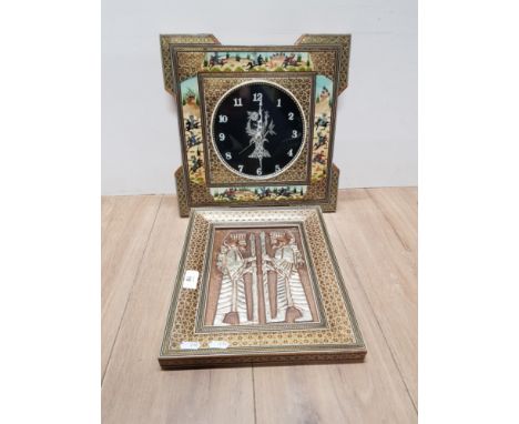 ORIENTAL INLAID FRAMED WALL CLOCK TOGETHER WITH MATCHING PICTURE FRAME