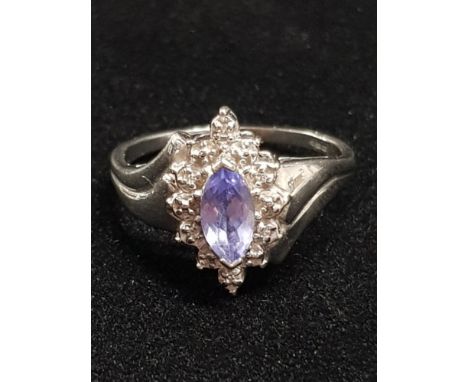 9CT GOLD IOLITE AND DIAMOND RING SIZE Q