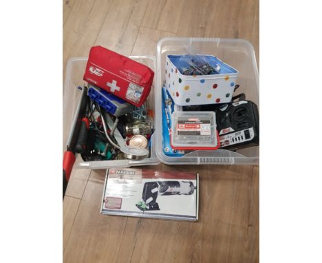 2 BOXES OF MISCELLANEOUS SCREW BITS AND HAND TOOLS ALSO INCLUDES PARKSIDE MODELLING JIGSAW