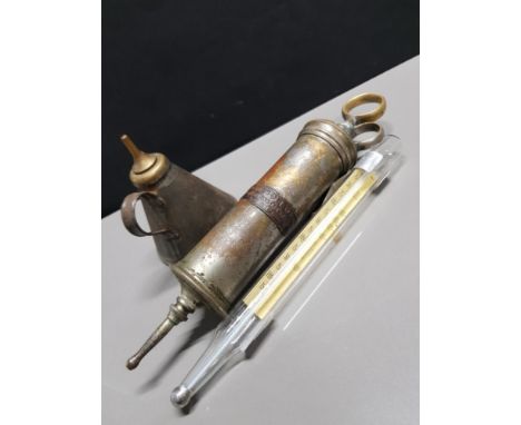 THE HOLBORN SURGICAL INSTRUMENT LONDON VETERINARY SYRINGE PLUS GLASS THERMOMETER AND 1 OTHER SURGICAL RELATED ITEM
