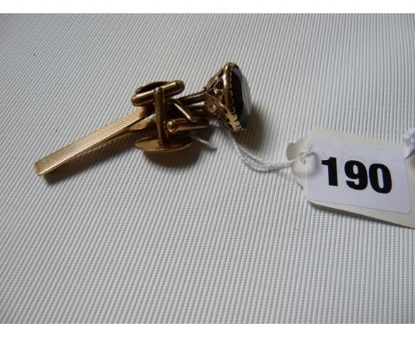 Pair of 9ct Gold Cufflinks, 9ct Gold Tie clip and a Yellow metal citrine set fob 