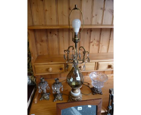 Bohemian type Glass table lamp, Pair of Lustres and a glass vase on metal fitting 