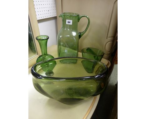 Green Art Glass Jug, Tankard, vase and a Heavy Green glass flower trough