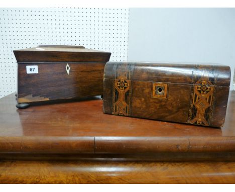 Late Georgian Mahogany Sarcophagus Tea Caddy with Ivory Escutcheon and a Edwardian Inlaid Sewing box 