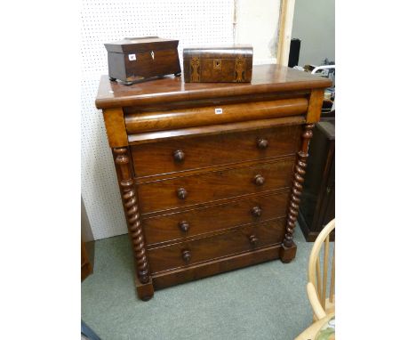 Victorian Mahogany Scotch chest of 5 drawers with turned handles and barley twist supports