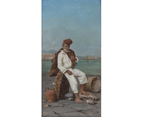 Neapolitan school (late 19th century)Portrait of a fisherman smoking a pipe and seated on a basket, Bay of Naples, inscribed 