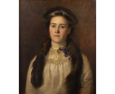 C* Bretton (?)Portrait of a young girl with long brown hair and a posy of flowers tucked into her collar, signed and dated 19