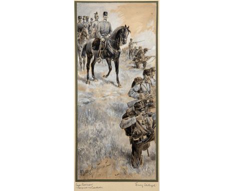 Franz Schlegel (1851-1920)Austro-Hungarian troops in action, signed, watercolour, 25 x 11.5cmLots 120 -142, a collection of 1
