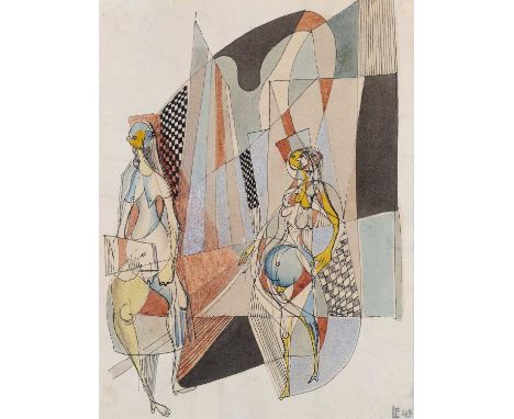 Francis Littna (1903-1973)Two women, signed with initials, ink, watercolour and silvering, 17 x 13cmMinor time staining to th