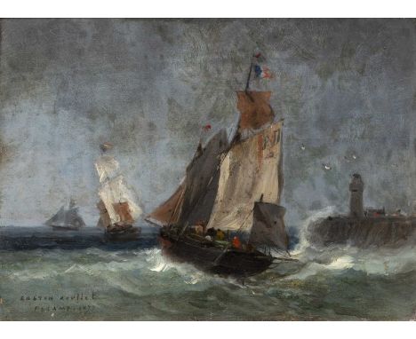 Gaston Roullet (1847-1925)Shipping off a jetty, signed and inscribed 'Fecamp 1877', oil on panel, 15 x 21cm