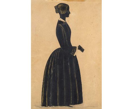 English school (early 19th century)Full length silhouette portrait of a lady with book, pen and inks highlighted in gilt, 24 