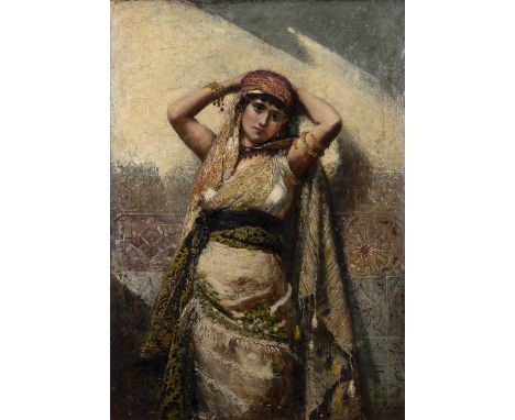 Thomas Kent Pelham (act. 1860-1891)An Arab beauty, signed, oil on canvas, 75 x 53cmApprox one inch diameter circular patch re