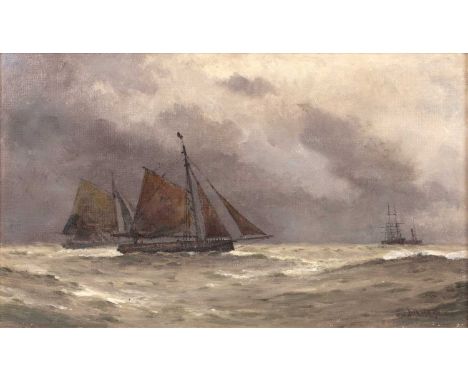 Frederick James Aldridge (1850-1933)Seascape with shipping, signed, oil on canvas board, 19.5 x 34cm