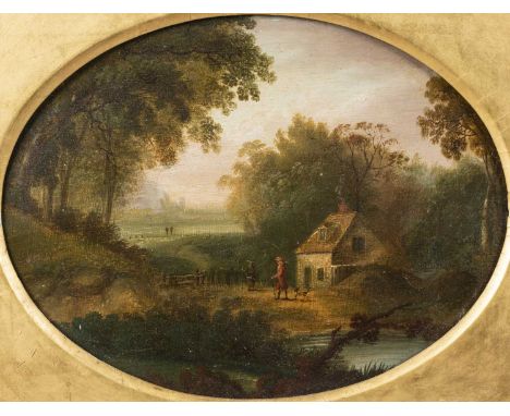 English school (late 18th/early 19th century)A country squire with dog conversing at a cottage, a lake in the distance, oil o