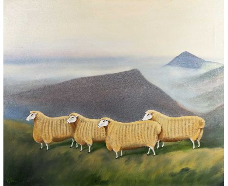 P * K *Sheep on a hillside, signed with initials, oil on canvas, 65 x 75cm