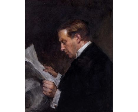 John Seymour Lucas (1849-1923)Portrait of Stanley Baldwin reading a paper, signed and dated 1919, oil on canvas, 39.5 x 31cmL