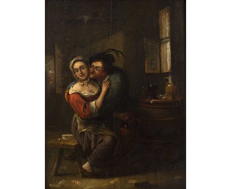 Follower of David Teniers II (1610-1690)An amorous peasant couple in a tavern, oil on panel, 34 x 26cm