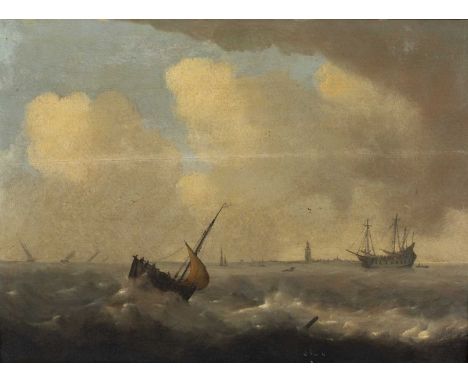 Dutch school (17th/18th century)A fishing boat at sea with man o' war yonder, oil on panel, 35 x 47.5cmThere is a horizontal 