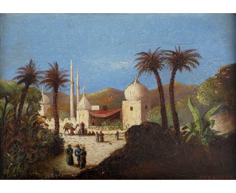 Continental schoolEastern scene with figures and camel before a temple, signed 'Joh v.d. Meer', oil on panel; and companion, 