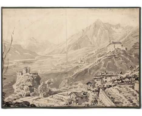 Thomas Ender (1793-1875)A mountain valley with citadel and monastery, signed and indistinctly titled, watercolour 'en grisail