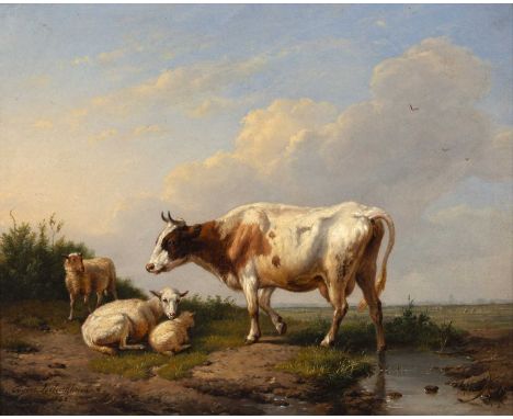 Eugène Verboeckhoven (1798/99-1881)A cow with sheep in a landscape with stream, signed and dated 1849, oil on panel, 21.5 x 2