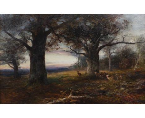 John MacWhirter (1839-1911)A woodland with deer at sunset, signed, oil on canvas, 45 x 72cmRe-stretched.  Small patch repair 