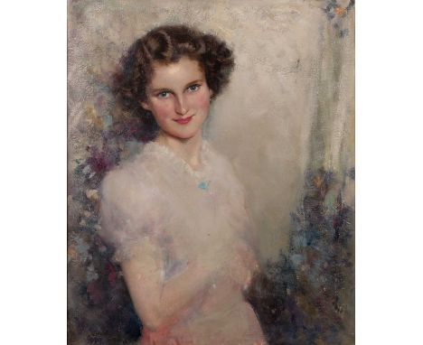 Guy Lipscombe (1881-1952)Portrait of a female beauty standing with hands clasped, inscribed verso, oil on canvas, 74 x 62.5cm