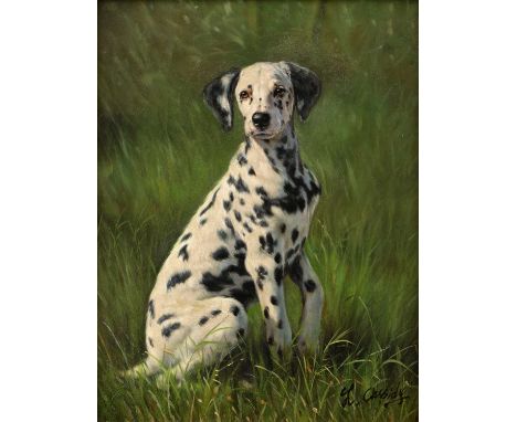 Laura Cassidy (20th century)Portrait of a dalmatian in a garden setting, signed, oil on board, 24 x 19cm; three further dalma